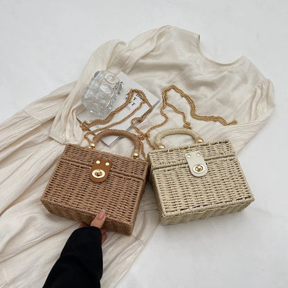 Borsa a tracolla in paglia di rattan Borsa a tracolla intrecciata a mano da donna Borsa a tracolla in paglia con scatola quadrata da spiaggia estiva per signora Bolsa Feminina