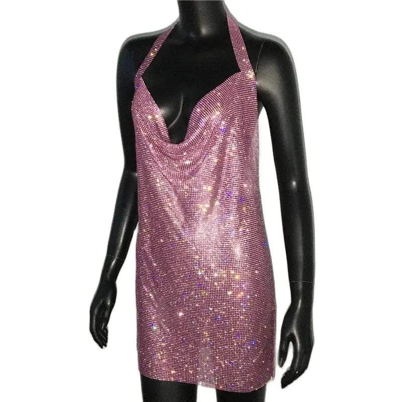 Mini abito sexy con scollo a V senza schienale per le donne Abiti da sera da club per feste con strass lucidi con scollo all'americana e spacco laterale