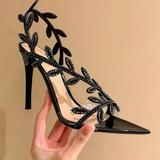 Nouvelles Sandales d'Été à Talon Haut pour Femmes, Bout Feuille avec Strass, Sandales à Talon Aiguille, Chaussures Élégantes et Tendance pour Femmes