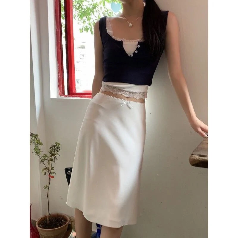 Gonna in raso da donna bianca elegante Deeptown Gonna a metà con volant Fairycore Coquette A-line Gonna estiva casual in seta stile coreano di base
