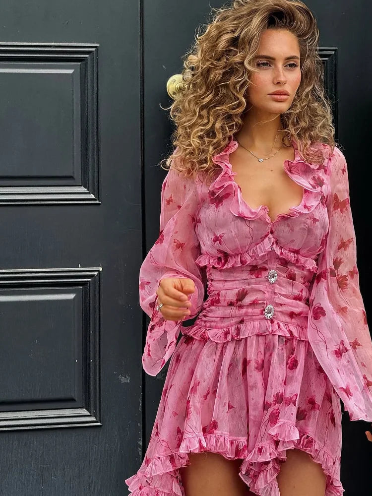 Abito Elegante Floreale da Donna a Trapezio con Pieghe, Mini Abito Sexy a Maniche Lunghe con Volant e Vita Stretta, Abiti da Sera per Vacanze e Street Style 2026