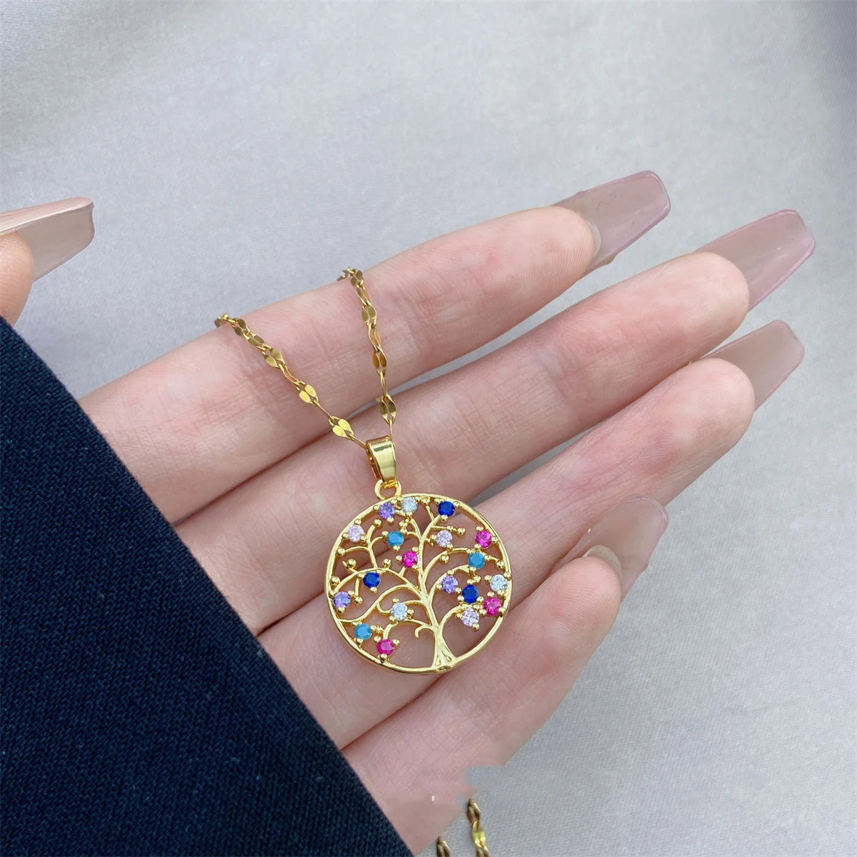 Temperamental Luxury Rhinestone Tree of Life collana con ciondolo donna Vintage in acciaio inossidabile con catena impermeabile gioielli estetici