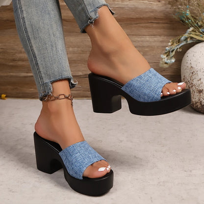Sandali da donna estivi Sandali con plateau spessi open-toe Infradito da esterno Tacco grosso Moda minimalista Tacchi alti Scarpe da donna
