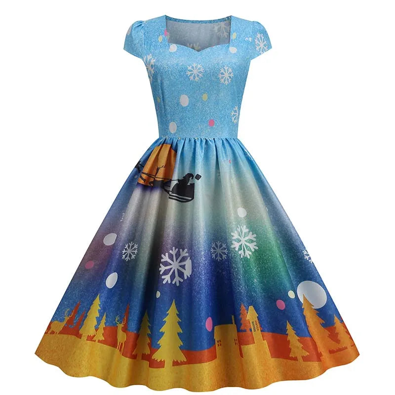 Abiti natalizi per donna Winter Pinup Rockabilly Abito da festa sexy cosplay Abito da ballo da cocktail con stampa di neve di Babbo Natale