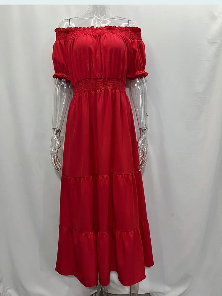 2025 Abito estivo Boho solido Moda donna Elegante abito da festa in spiaggia Casual Slash Neck Office Maxi abiti per donna Robe Femme