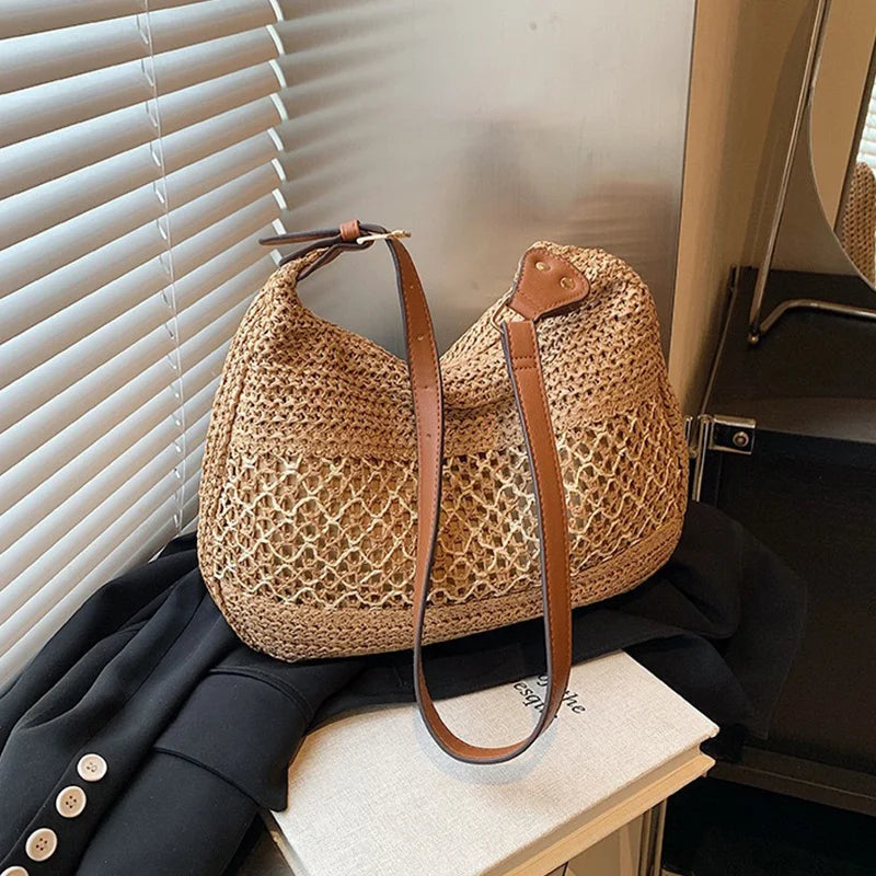Borsa a Spalla da Donna con Tracolla Regolabile, Borsa da Viaggio in Paglia Intrecciata, Borsa a Mano alla Moda, Borsa Estiva Quotidiana da Donna