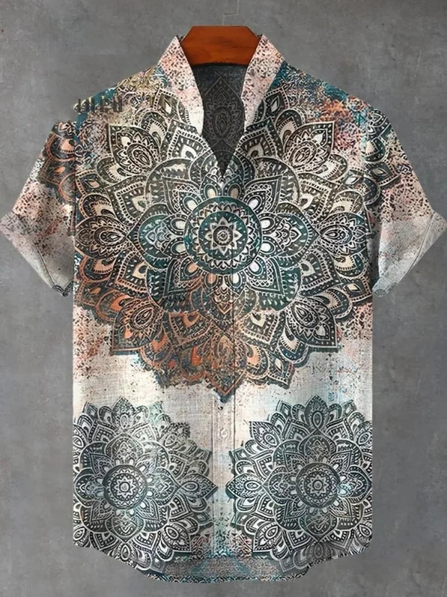 2025 Camicia a maniche corte con motivo floreale mandala da uomo Camicia estiva vintage nuova in lino Manica corta da uomo per il tempo libero Vacanza Streetwea