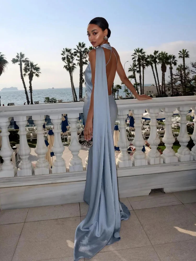 Elegante Abito Lungo da Festa in Raso con Nastro, Vestito Femminile Senza Maniche con Schiena Scoperta, Abiti Chic da Sera Primavera-Estate 2026