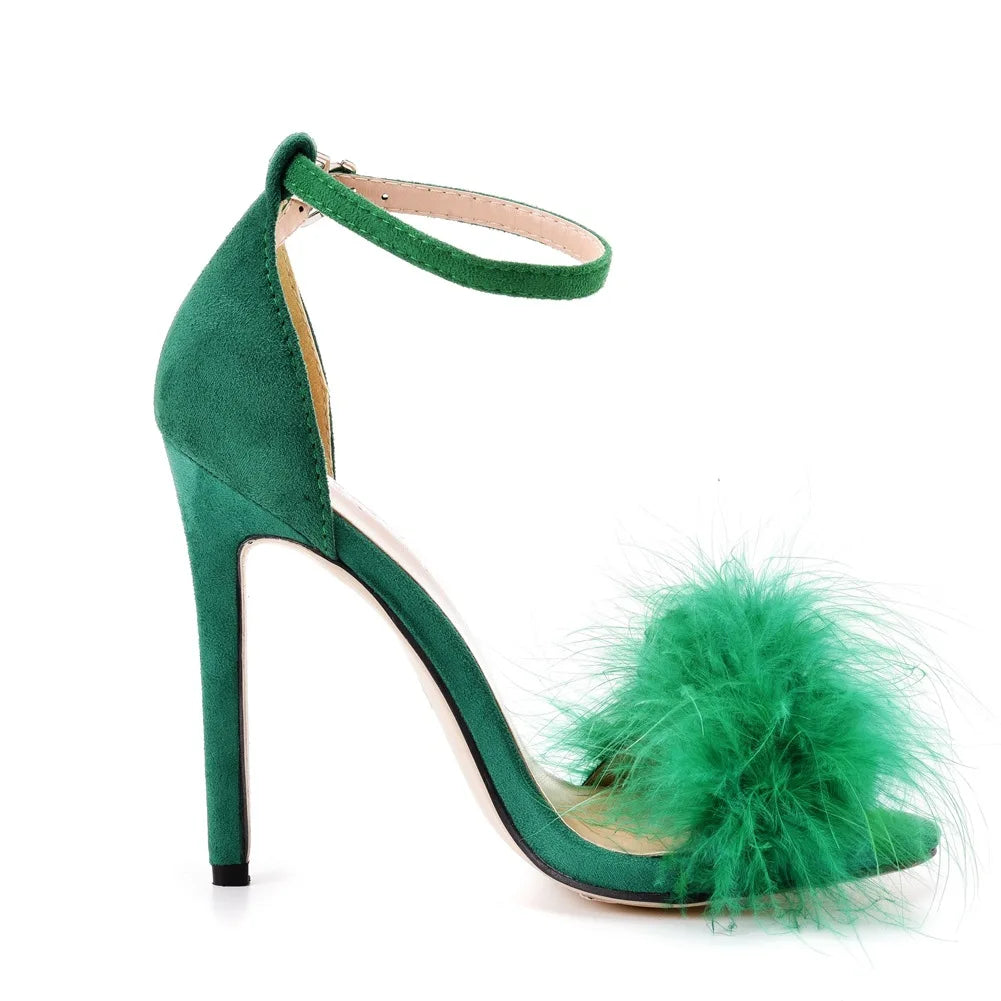 Sexy Feather High Heel Sandals Women's European  American Large 46 Fish Mouth High Heel Sandals Women Shallow Mouth Women's Shoe