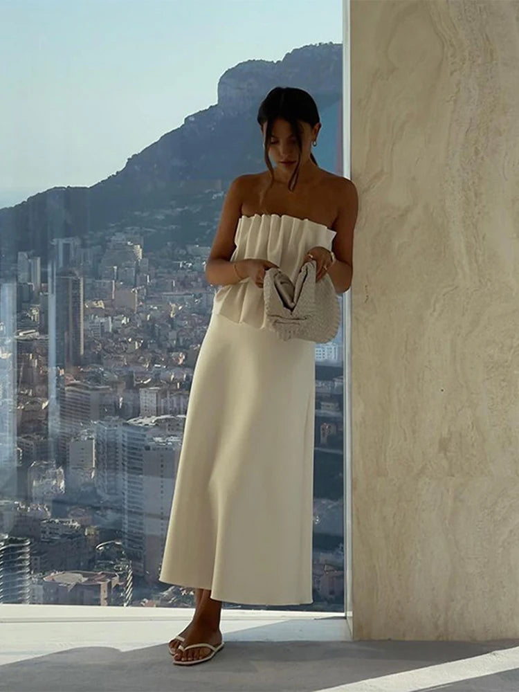 Abito lungo senza spalline con pieghe a strati sexy Abito da donna slim fit con spalle scoperte Abito senza maniche a trapezio Abito da sera estivo femminile