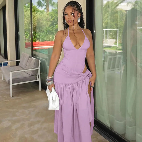 Woman Summer Vacation Sexy Cut Out Dress Sets Halter Deep V Neck Bodysuit and Tie Maxi Long Skirt Set Party 2 Two Piece Outfit