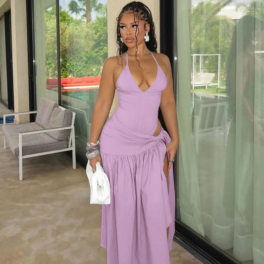 Ensemble de robe sexy d'été pour femme - Découpes, body licou col en V profond et jupe longue maxi à nouer - Ensemble de fête 2 pièces