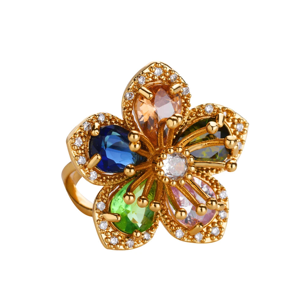 Anelli di fiori colorati con zirconi per le donne Anello floreale in acciaio inossidabile color oro Elegante regalo di gioielli estetici per matrimoni di lusso