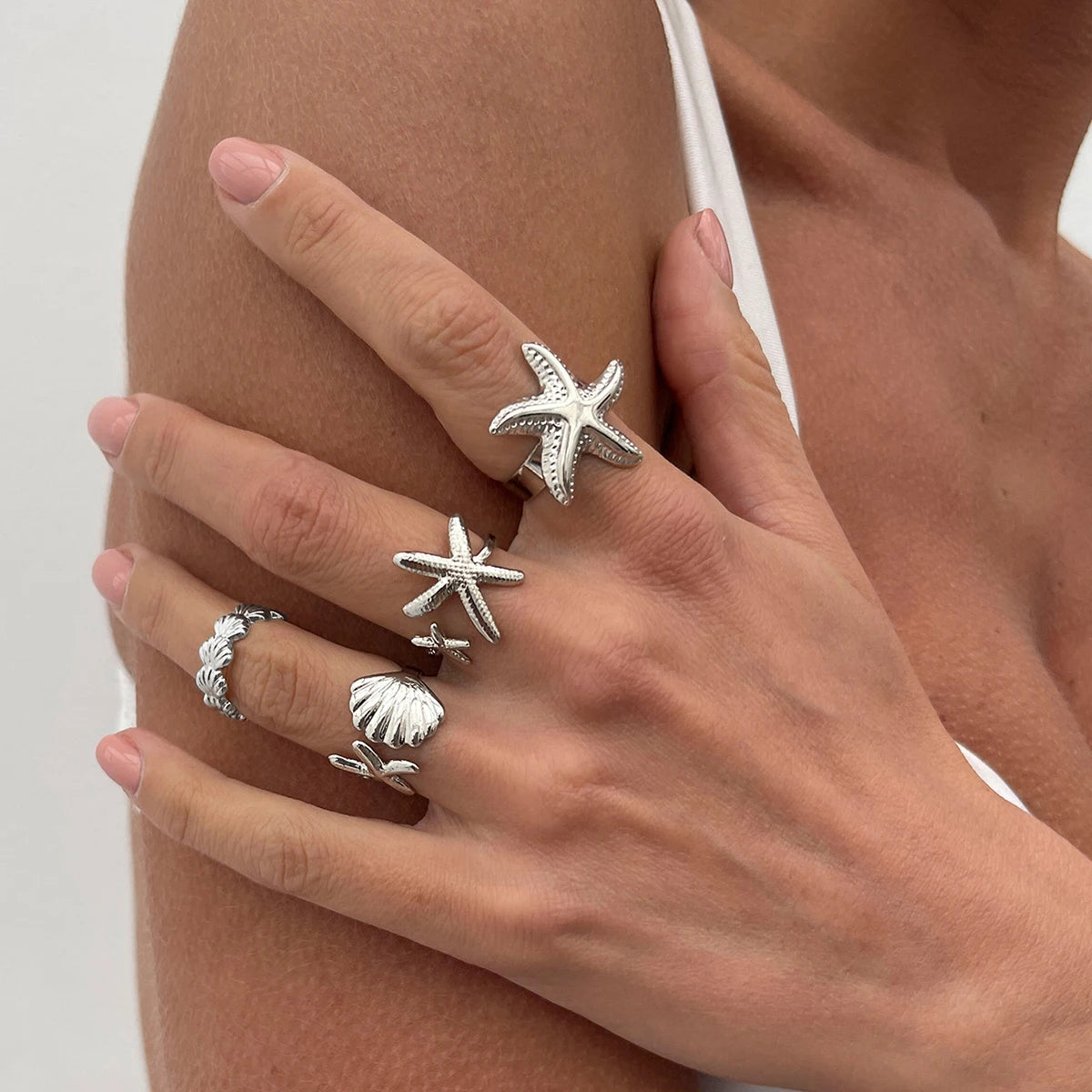 SHIXIN 4 pz/set Starfish capesante anelli aperti regolabili per le donne anello geometrico alla moda Color oro accessorio per gioielli da spiaggia estiva