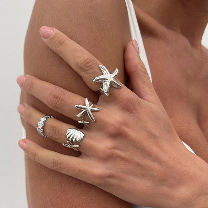 SHIXIN 4 pz/set Starfish capesante anelli aperti regolabili per le donne anello geometrico alla moda Color oro accessorio per gioielli da spiaggia estiva