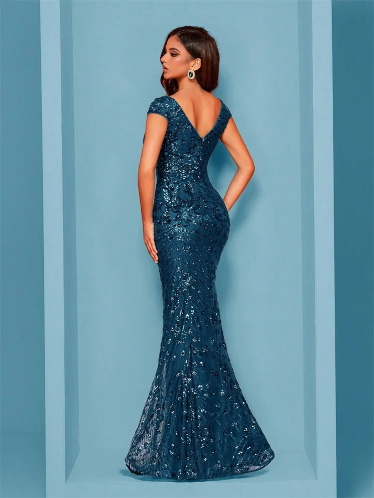 Elegante abito da sera blu per donna lungo 2025 abiti da cocktail per feste di nozze con paillettes formali a sirena di lusso