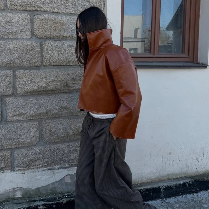 Cappotto da donna ampio a tinta unita, a maniche lunghe, con collo alto, top corto, moda estiva autunnale 2026, capospalla femminile streetwear