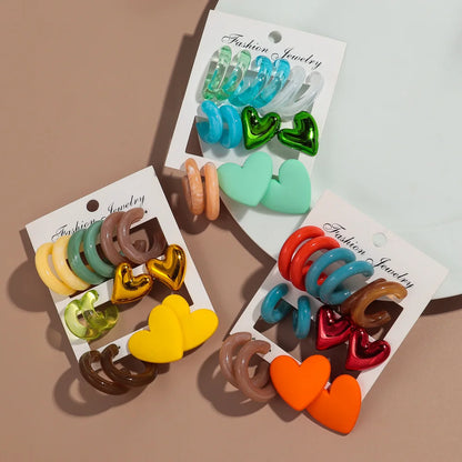 Boucles d'oreilles géométriques en acrylique pour femmes, 7 paires, colorées, cercles en résine, clous d'oreilles en forme de cœur, ensemble de bijoux, cadeaux d'anniversaire