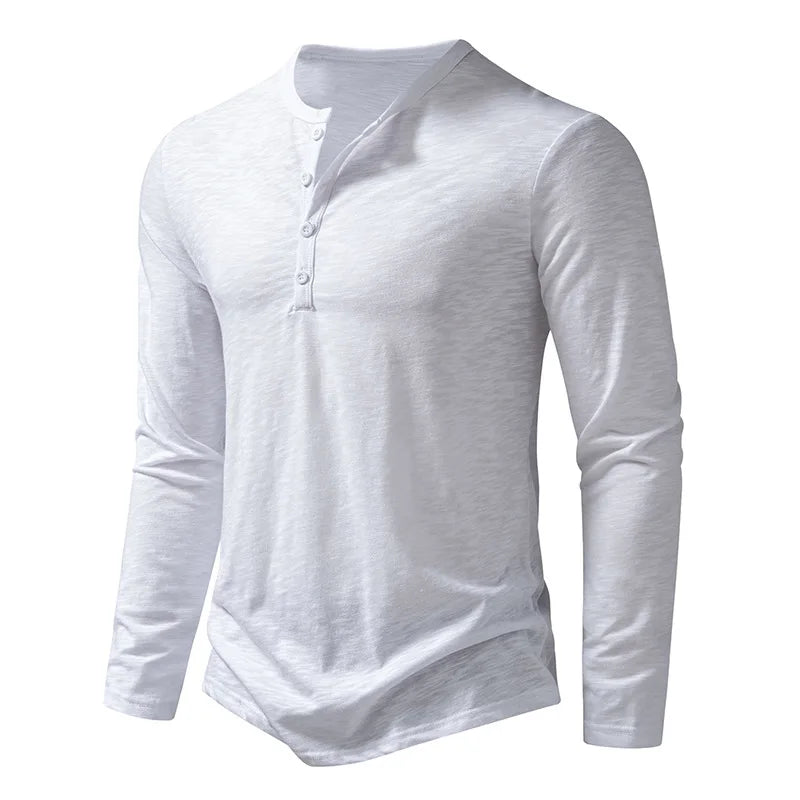 Camicia da uomo in cotone con bottoni e collo a Henley, manica lunga, bottoni casual, tinta unita, magliette alla moda