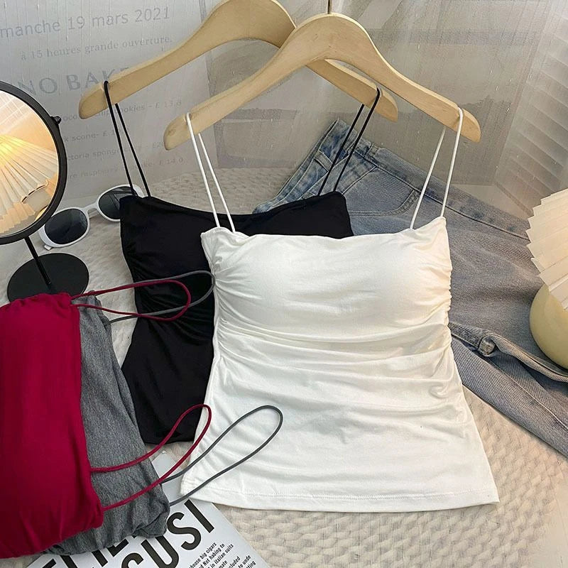 Débardeur d'été sexy pour femme, bretelles spaghetti, sans manches, gilet, caraco, haut de soirée, clubwear, slim, court, noir