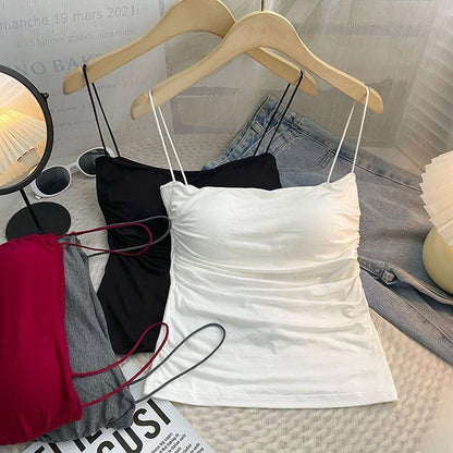 Débardeur d'été sexy pour femme, bretelles spaghetti, sans manches, gilet, caraco, haut de soirée, clubwear, slim, court, noir