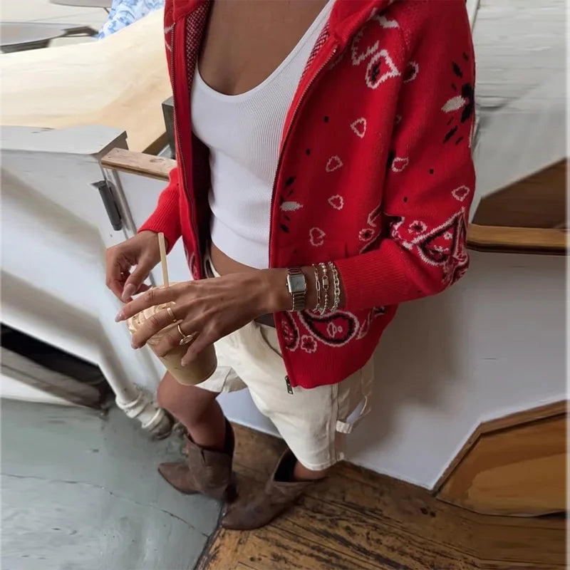 Cardigan da Donna in Maglia Stampata Casual, Maniche Lunghe, Cerniere, Colletto Alto, Tasche, Cappotti Autunno 2026, Abbigliamento Femminile Chic da Strada
