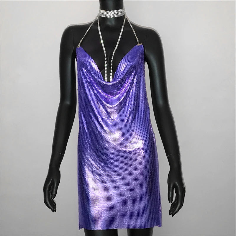 AKYZO Mini abito patchwork con paillettes dorate sexy Donna senza maniche Taglio basso Catene di metallo Halter Slim Abiti da festa da discoteca affascinanti