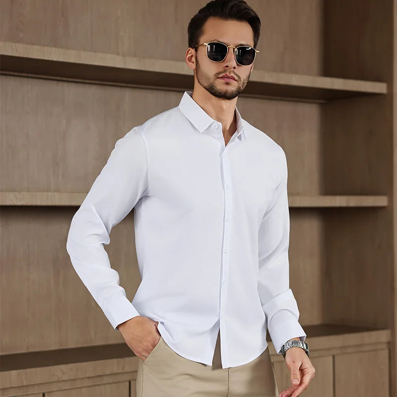 Camicia da uomo in tinta unita a maniche lunghe casual da lavoro nuova, resistente alle rughe, comoda e versatile per tutte le stagioni