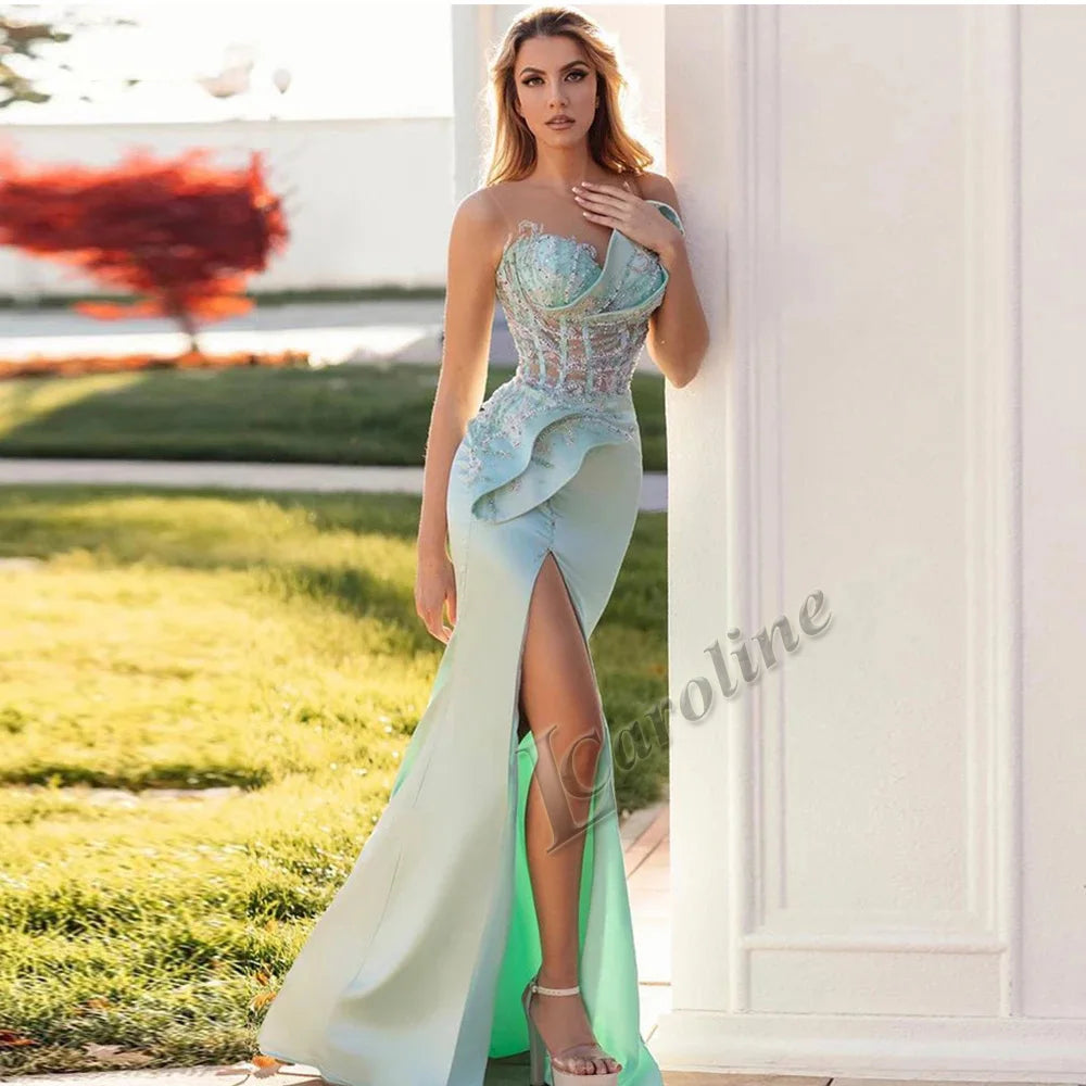 Caroline Bling Paillettes Abiti da ballo per le donne Pieghettato Fiori 3D Dubai Abito da sera formale Vestido De Formatura Personalizzato