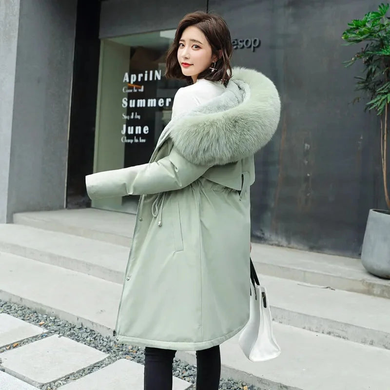 Giacca Invernale 2026 Nuova Parka da Donna Cappotto Lungo con Fodera in Lana Giacca con Cappuccio Collo in Pelliccia Spessa e Calda Abbigliamento da Neve Parka Imbottito 6XL