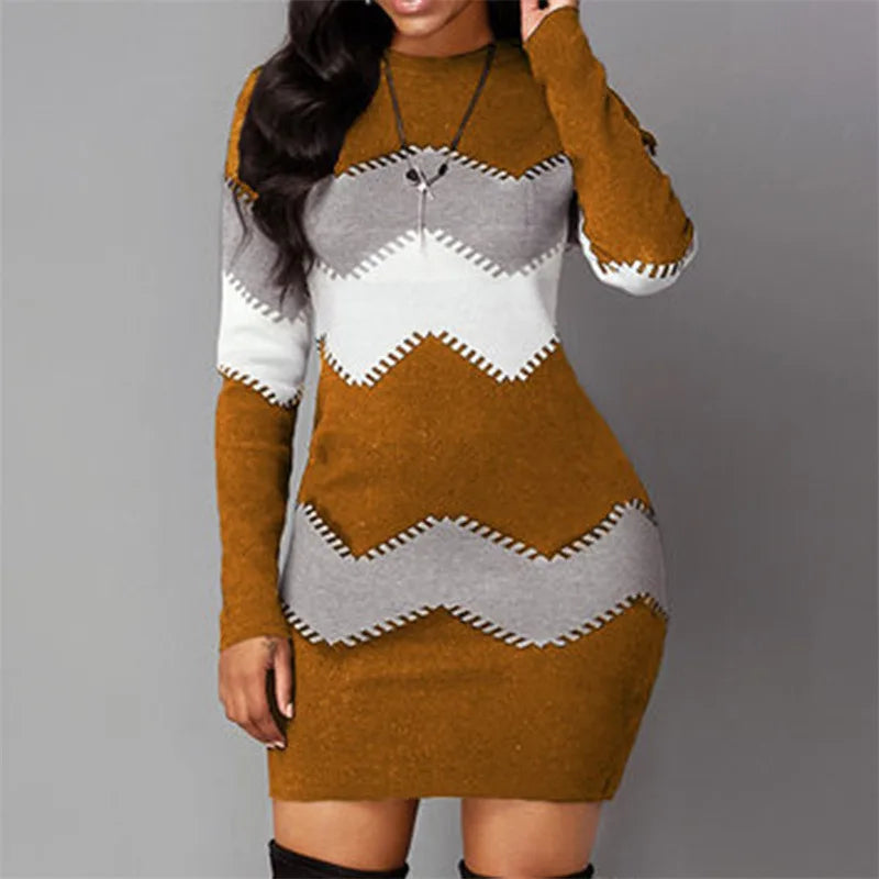 Abito caldo a maniche lunghe patchwork elegante da donna 2022 abito maglione lavorato a maglia a costine autunno inverno mini abiti pullover dolcevita casual