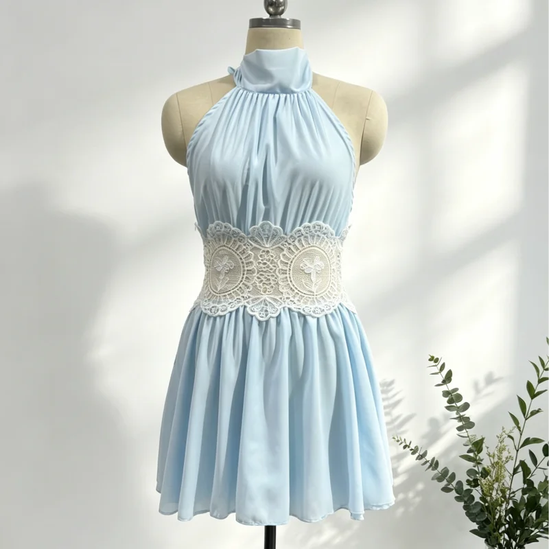Miniabito da festa estivo da donna 2026 senza maniche con scollo all'americana, in maglia a costine, con pizzo a contrasto e cut-out sul retro, modello skater