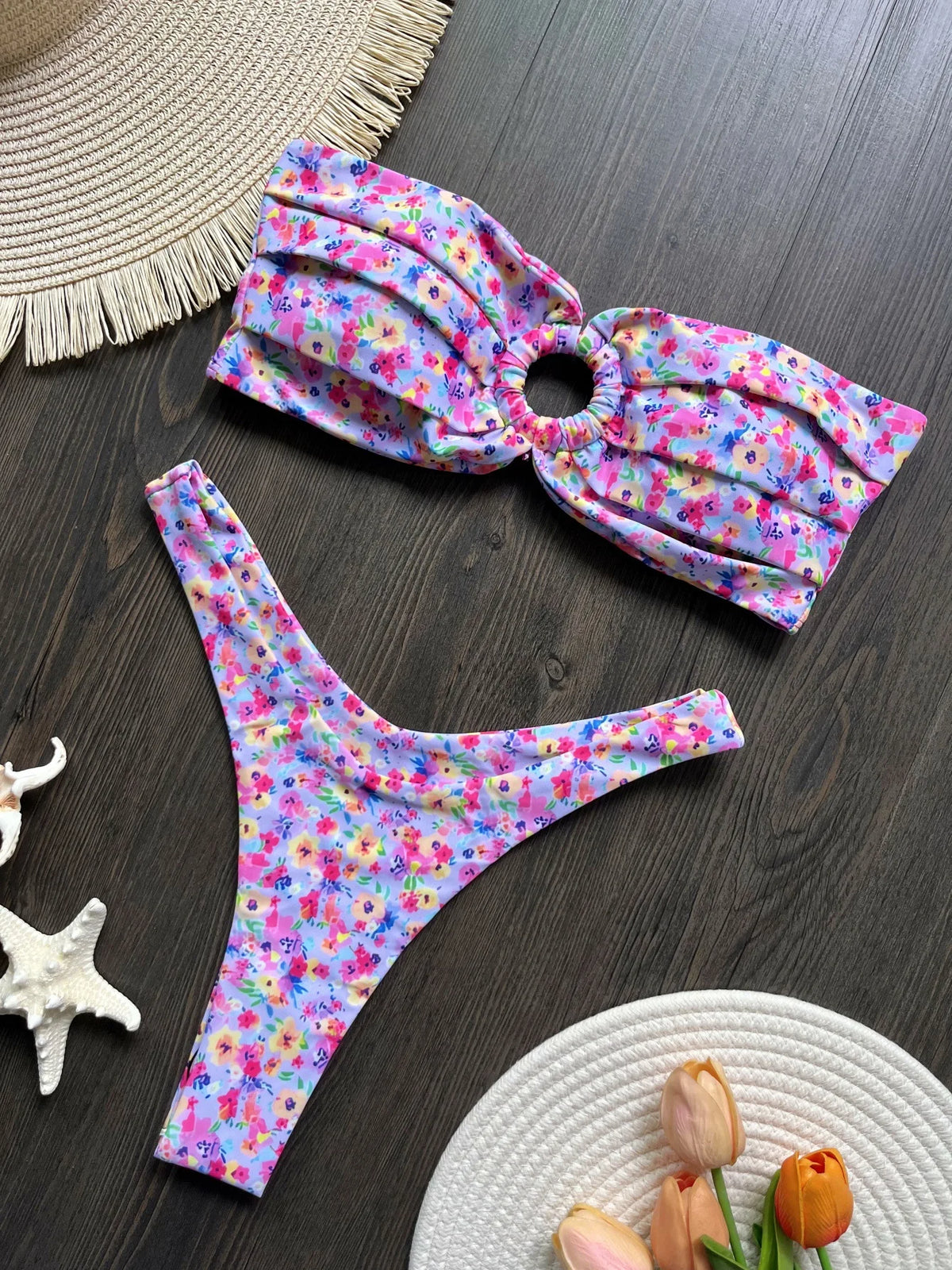 Sexy bunter floraler Bandeau-Bikini Damen-Badeanzug Damen-Bademode zweiteiliger Bikini-Set Badeanzug Schwimmdame