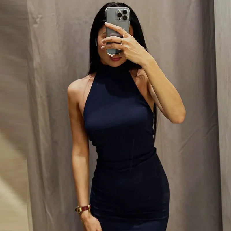 HXAO Abito da donna blu con scollo all'americana Estate Donna 2025 Abiti da sera eleganti da ballo con volant Abito lungo senza schienale Abiti di moda