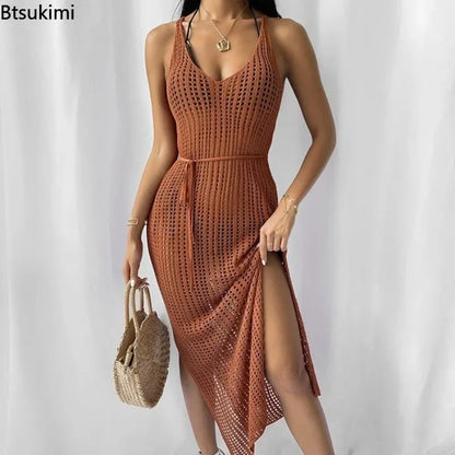 New Women's Sexy Knitted Midi Dresses Summer Elegant Beachwear Hollow Out Fishnet Bikini Cover-ups Vacation Long Dress for Girls
