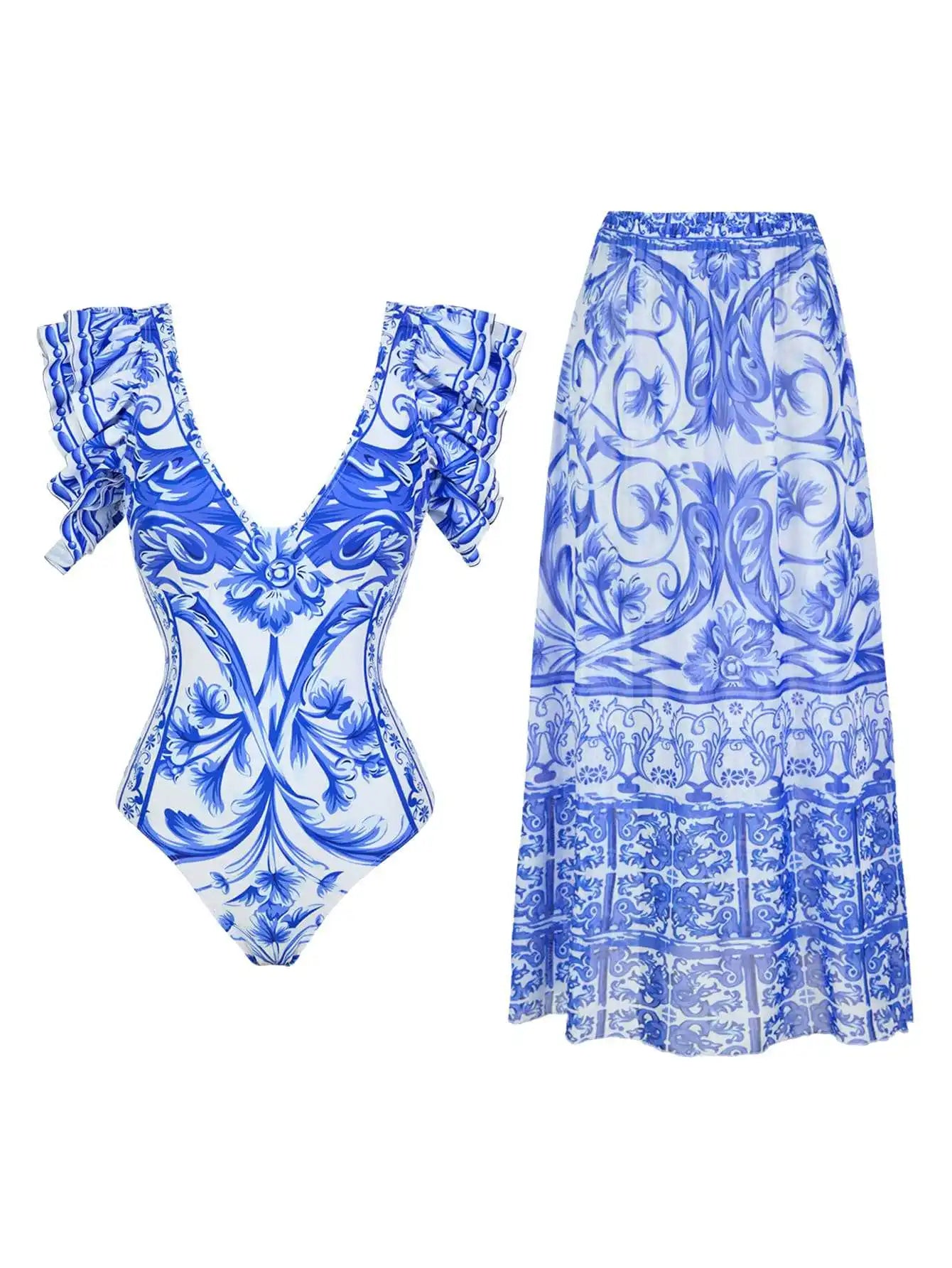 Costume da bagno floreale con stampa floreale con volant monospalla blu Set copricostume singolo micro monokini costumi da bagno sexy per ragazze Summer Beach