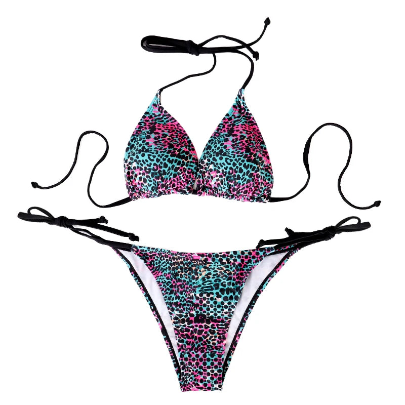 Zweiteiliges Damen-Bikini-Set mit Schlitz, sommerlich, mit Trägern und Schnürung, farbenfroher Tupfen-Print, Damen-Bikini, Strandurlaub-Badeanzug