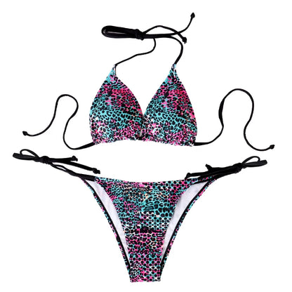 Zweiteiliges Damen-Bikini-Set mit Schlitz, sommerlich, mit Trägern und Schnürung, farbenfroher Tupfen-Print, Damen-Bikini, Strandurlaub-Badeanzug