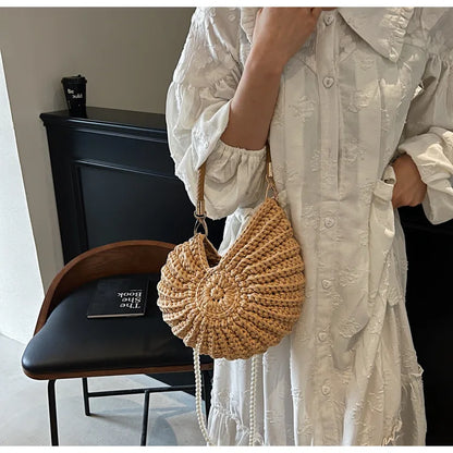 Borse a tracolla da donna all'uncinetto a forma di conchiglia creativa Divertenti catene di perle carine Borsa a tracolla in tessuto fatto a mano Novità piccole borse