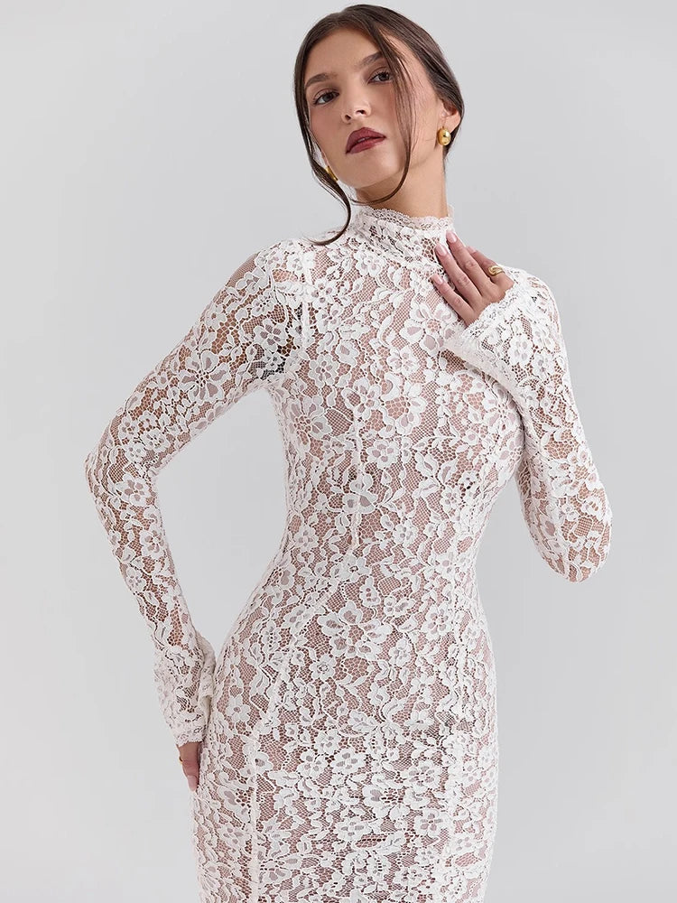 Abito longuette sexy a maniche lunghe in pizzo Mozision per donna Elegante abito lungo sexy da festa aderente a vita alta con collo a metà alto bianco