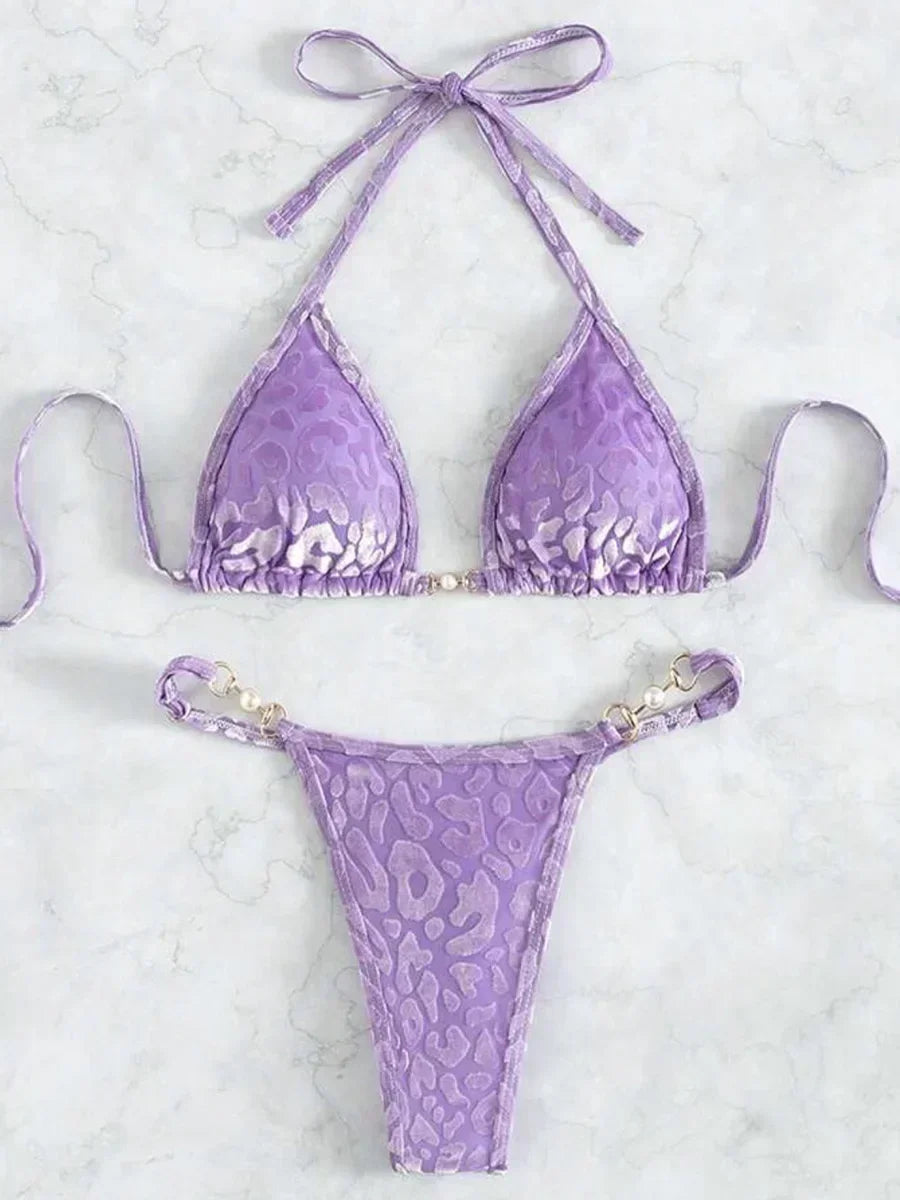Sexy Leoparden Samt Bikini Mini Micro Tanga Bikinis Damen Bademode Weiblicher Badeanzug Zweiteiliger Bikini Set Neckholder Badeanzug Schwimmen