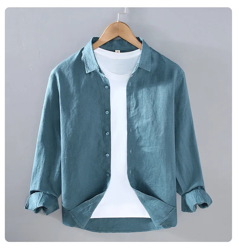 Camicia a maniche lunghe in lino 100% per uomo Primavera Autunno Moda Buona qualità Tinta unita Sottile e traspirante Camicetta con risvolto sano Top maschile