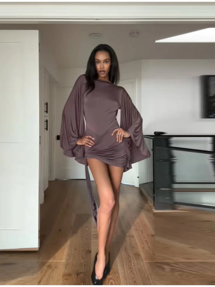 Abito Elegante Drappeggiato con Maniche a Pipistrello e Vita Arricciata con Laccio, Vestito da Donna per Feste e Serate Romantiche, Abbigliamento Femminile Modesto e Alla Moda per la Sera
