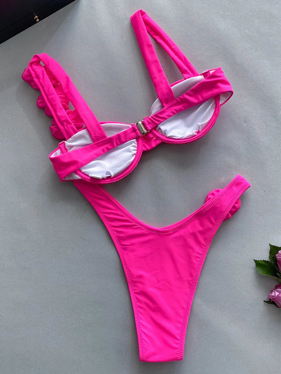 Sexy 3D Fiori con ferretto Bikini brasiliano Costumi da bagno donna Costume da bagno femminile Bikini a due pezzi Costume da bagno a triangolo Swim Lady