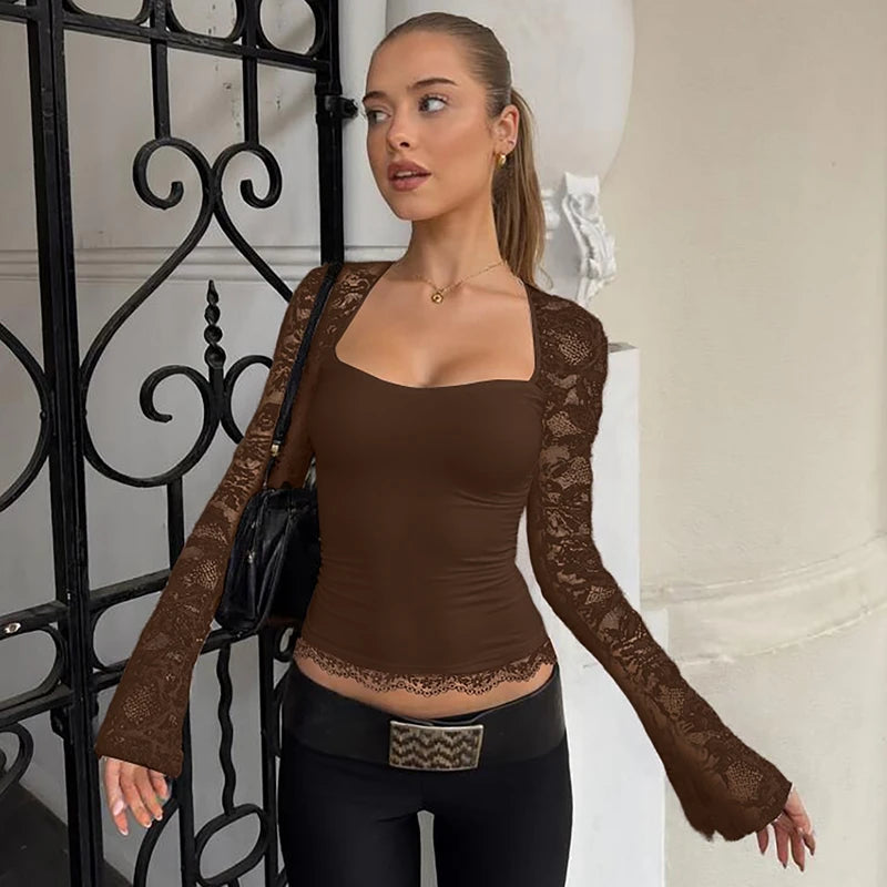 Hugcitar T-shirt corta sexy a maniche lunghe in pizzo patchwork con colletto quadrato moda donna Top velato per le vacanze estive Night Club