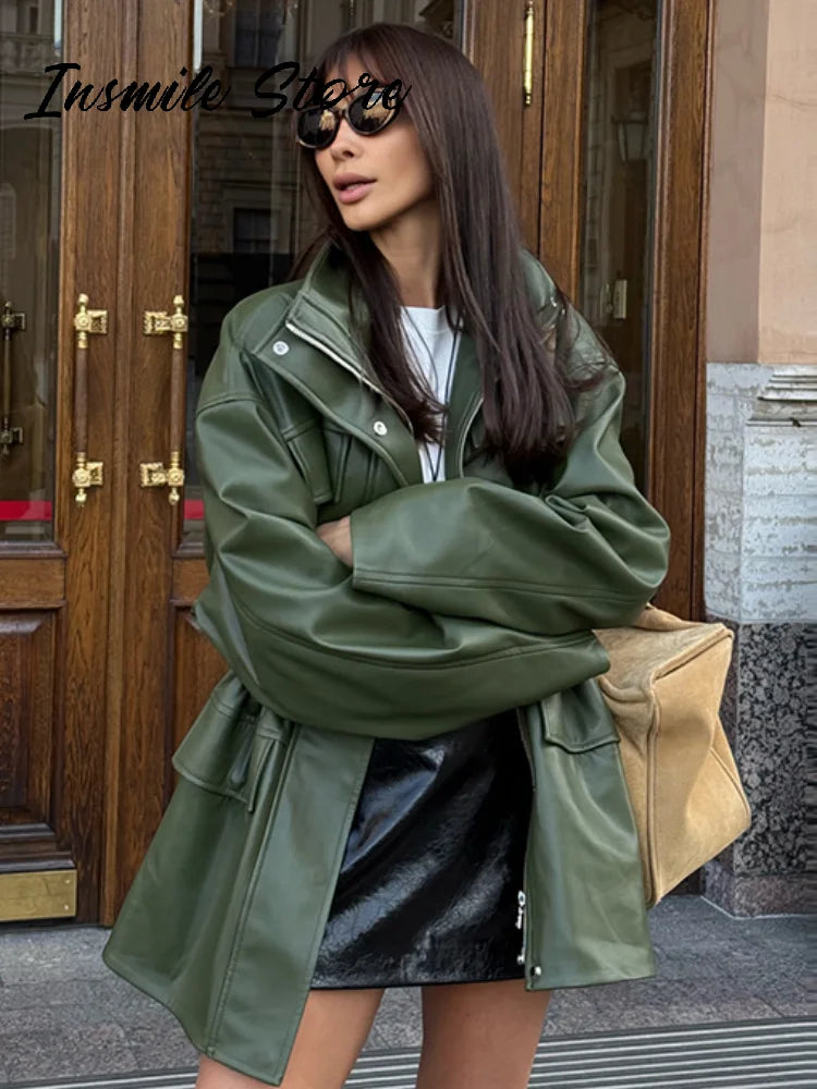 Giacca in Pelle da Donna con Cintura in Vita, Collo Alto, Tasche con Zip, Stile Vintage, Moda Streetwear 2026