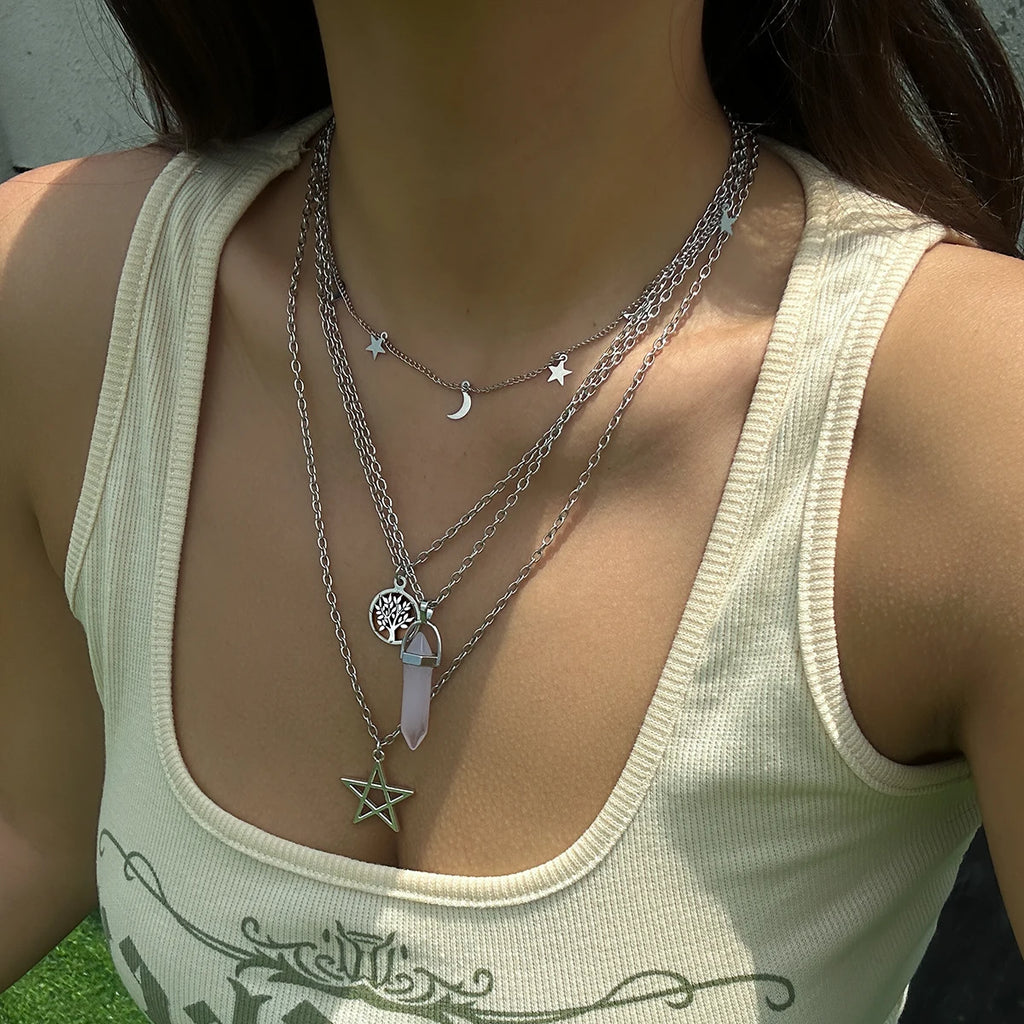 4 pezzi etnico rosa cristallo stella pentagramma ciondolo collana girocollo per le donne elegante luna nappa catena accessori gioielli per feste