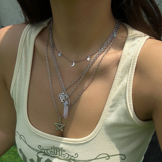 4 pezzi etnico rosa cristallo stella pentagramma ciondolo collana girocollo per le donne elegante luna nappa catena accessori gioielli per feste