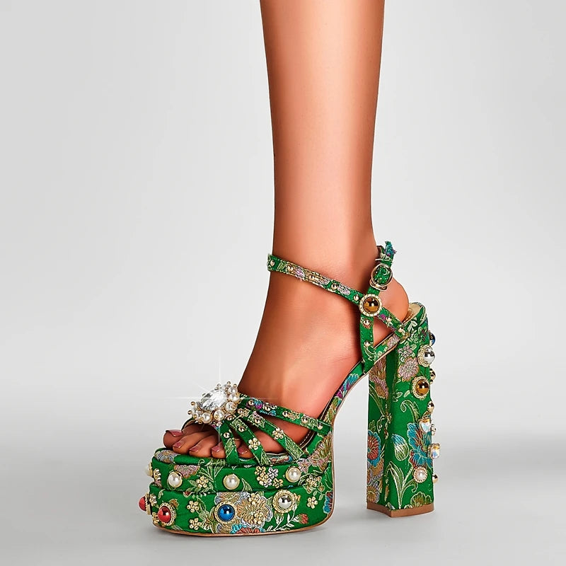 Neue Damen Sommer Plateau Sandalen wasserdicht dicker Boden Wasser Diamant Perle Niete Blume Satin offene Spitze High Heels groß
