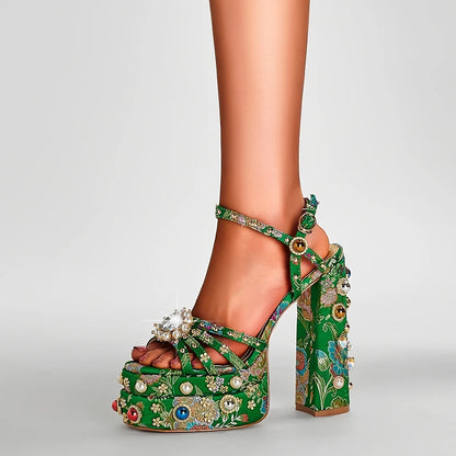 Neue Damen Sommer Plateau Sandalen wasserdicht dicker Boden Wasser Diamant Perle Niete Blume Satin offene Spitze High Heels groß